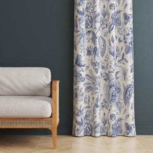 Blue Floral Toile Curtains – French Country Botanical Window Drapes, Vintage-Inspired Living Room Decor, Custom Size Panels, Blackout Option