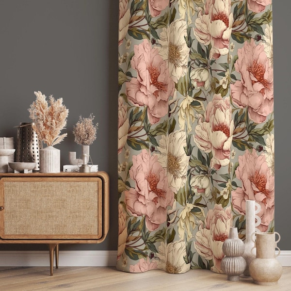 Nostalgic Pink Rose Design Curtains, Vintage Decor Floral Living Room Window Panel, Decorative Drapes, Blackout Option