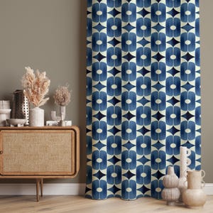 Retro Curtains, Mid Century Modern Drapes, Blue Geometric Pattern Window Treatment, Blackout Option, Living Room Curtain, Fabric, Valance