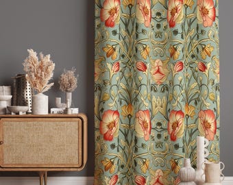 Floral Curtains, Vintage Design Flower Pattern Retro Living Room Drapes, Blackout Option, Doorway
