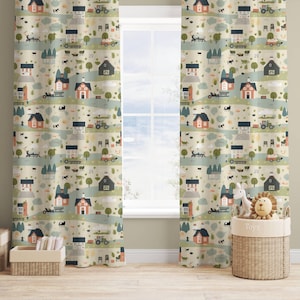 Kids Room Curtains, Farm Design Drapes, Nursery Curtain Panels, Playful Window Treatments, Home Gift, Blackout Option, Custom Size Fabric