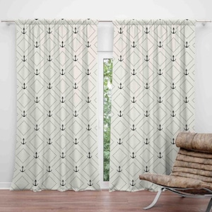 Navy Anchor Design Curtain, Navy Anchor Maritime Window Curtain for Nautical Elegance, Navy Anchor Maritime Drape, Beach House Decor Drapes