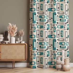 Retro Atomic Starburst Curtains – Teal & Gray Mid Century Drapes, Blackout Option
