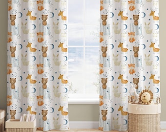 Watercolor Woodland Nursery Curtain: Bear, Fox, Deer - Custom Size Available