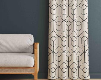 May include: A floor-length curtain featuring a repeating geometric pattern of black lines on a cream-colored fabric. The design consists of interconnected hexagonal and diamond shapes that create a structured, linear visual effect across the panel.