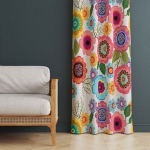 Folk Art Floral Window Curtain, Abstract Colorful Flowers Design Window Drapes, Modern Living Room Curtain, Blackout Option Window Treatment