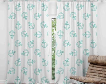 Anchor Design Window Curtains, Nautical Drapes, Coastal Seaside Cafe Decor,  Custom Size