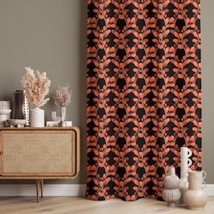 Schwarze botanische Vorhänge, gebrannte orange Blattmuster-Vorhänge, moderne Natur-Fensterpaneele, benutzerdefinierte Größe, Verdunkelungs- oder reguläre Futteroption