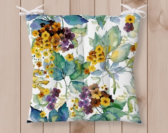 Watercolor Floral Chair Cushion with Ties,  Outdoor Indoor Botanical Seat Pad, Yellow Purple Green Flowers Garden Dining Kitchen Chair Pad