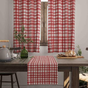 Red Plaid Curtains, Red Plaid Design Kitchen Drapes, Farmhouse Curtain Panel, Custom Size Drape, Blackout Option, Eyelet Rod Pocket Option