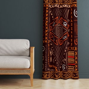 Brown African Drawing Patterned Decorative Curtains, African Window Curtains, African Fabric Curtains, Ethnic Curtains, Tribal Window Drapes