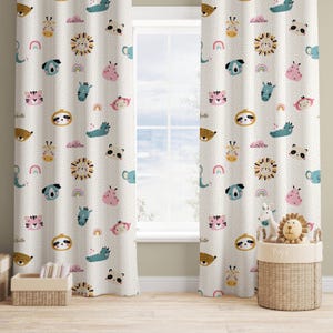 Nursery Curtain – Cute Animal Print Kids Room Curtain, Rainbow Jungle Theme, Playroom Window Panel, Custom Size Fabric, Blackout Option