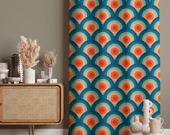 May include: A curtain featuring a repeating pattern of concentric semicircles in shades of bright orange, light peach, teal, and dark blue. The design consists of stacked, overlapping arches that create a vibrant, geometric, and rhythmic visual effect.