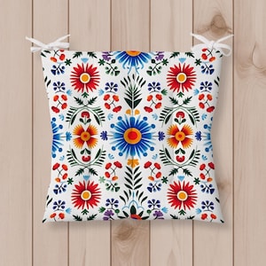 Colorful Folk Art Chair Cushion with Ties, Boho Floral Seat Pad, Scandinavian Polish Pattern Kitchen Patio Chair Cushion,  Puffy Seat Pad