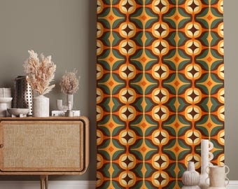 Retro Geometric Curtains – 70s Style Earth Tone Drapes, Mid-Century Modern Window Panels, Custom Size Fabric, Blackout Option, Doorway Drape