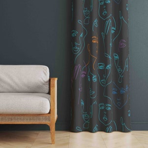 Abstract Faces Patterned Window Curtains , Abstract Style Curtain, Abstract Patterned Home Window Drapes, Decorative Curtains Living Room