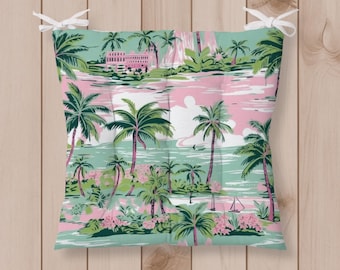 Tropical Palm Chair Cushion with Ties, Indoor Outdoor Coastal Seat Pad, Retro Beach House Pillow, Kitchen Patio Garden Chair Cushion Decor