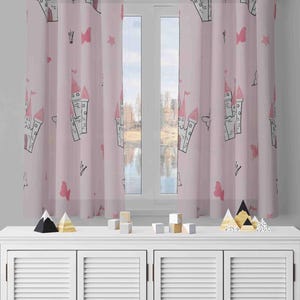 Pink Curtains, Castle Curtains, Kids Room Drapes, Nursery Window Coverings, Blackout Option, Custom Size, Eyelet Rod Pocket Option,