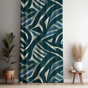 Blue Abstract Zebra Pattern Curtain, Teal and Ivory Modern Animal Print Drapes, Bold Contemporary Jungle Window Panel, Custom Curtains