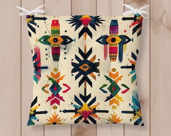 Aztec Tribal Chair Cushion with Ties, Colorful Geometric Seat Pad, Indoor Outdoor  Southwestern Tufted Chair Pad, Boho Ethnic Seat Cushion,