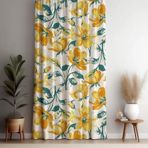 Yellow Floral Curtains, Bright Watercolor Flower Drapes, Custom Size Fabric, Country Style Curtain for Bedroom Kitchen or Living Room