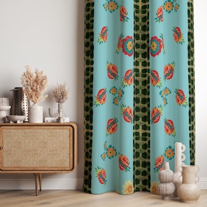 Window Curtains, Home Curtain, Light Blue Tones Drapes, Boho Window Treatments, Retro Decor Curtain Panels, Blackout Option, Custom Size