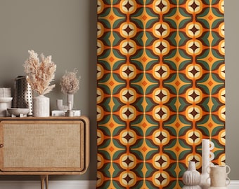 Retro Geometric Curtains, 70s Style Earth Tone Drapes, Mid-Century Modern Window Panels, Custom Size Fabric, Blackout Option, Doorway