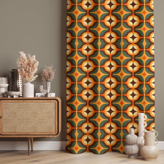 Retro Geometric Curtains, 70s Style Earth Tone Drapes, Mid-Century Modern Window Panels, Custom Size Fabric, Blackout Option, Doorway