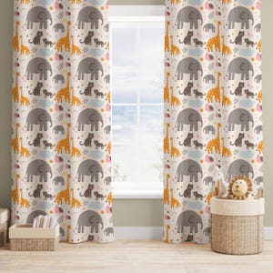 Safari Animal Nursery Curtains – Elephant Giraffe Cheetah Drapes, Baby Room Decor, Custom Size Fabric, Blackout Option, Kids Curtain Panel