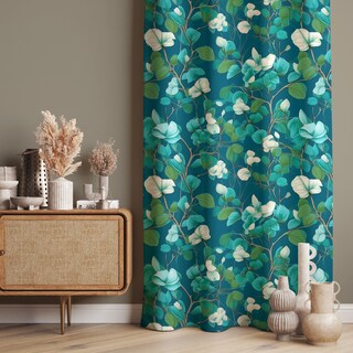 Tende Da Cucina Con Fantasia Di Eucalipto E Fiori – 2 Pannelli 66x61 Cm – Verde Acqua/Blu – Per Finestre Piccole, Bagno, Country