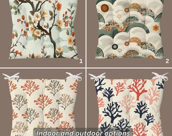 Almofada para cadeira com estampa floral, almofadas decorativas para assento, almofada para cadeira com design artístico em coral, almofada para cadeira tufada para áreas internas e externas com laços, bancos acolchoados