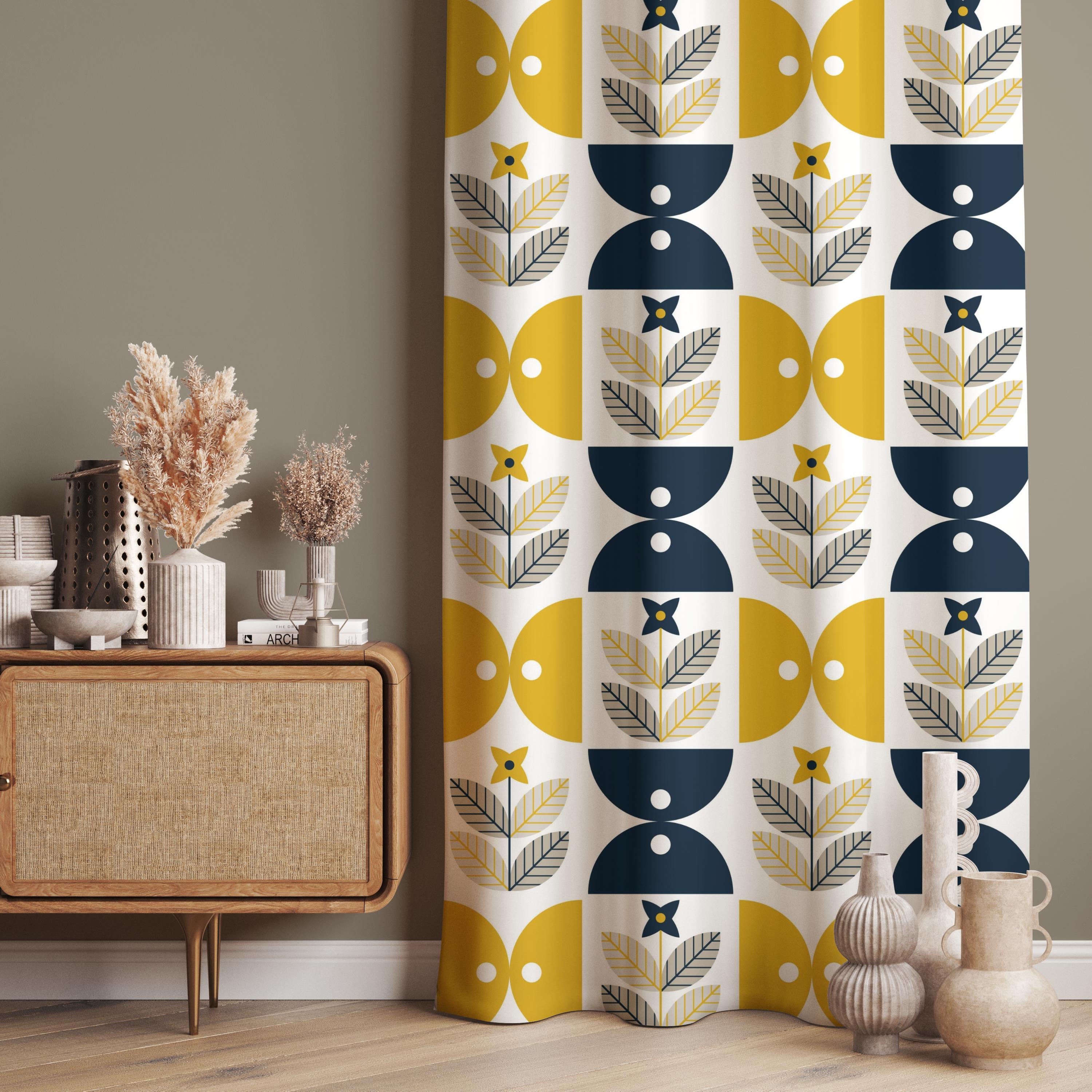 Scandi Mid Century Modern Curtain, Navy Blue & Mustard Geometric Flower Panel, Retro Window Treatment, Custom Size Fabric, Blackout Option