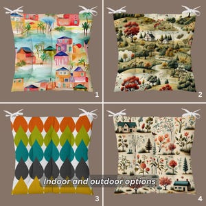 Village Themed Chair Cushion, Indoor or Outdoor Chair Cushion with Ties, Tree Themed Outdoor Stool Cushions, Kitchen Chair Pad