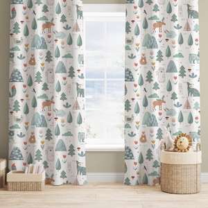 Nursery Curtains, Forest Design Drapes, Woodland Kids Room Window Treatment, Home Gift, Blackout Option, Custom Size, Cute Animal Curtain