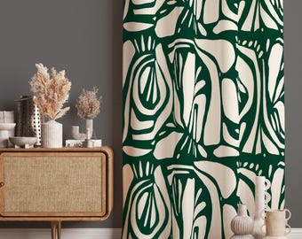 Green White Curtains, Green Drapes, Abstract Curtain, Ethnic Window Coverings, Blackout Option, Custom Size, Eyelet Rod Pocket Curtain Panel