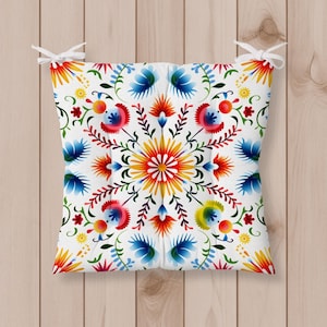 Boho Folk Art Chair Cushion with Ties, Outdoor Indoor Colorful Floral Seat Pad, Polish Scandinavian Pattern Dining Kitchen Chair Cushion