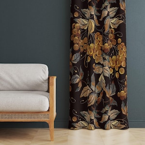 Rustic Dark Botanical Curtain – Chic Floral Retro Drape, Elegant Nature Print Window Treatment, Blackout Option, Custom Size, Vintage Decor