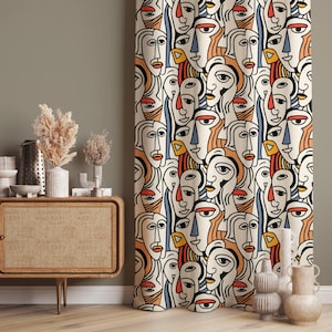 Curtain Panel, Abstract Face Drapes, Contemporary Window Treatments, Blackout Option, Custom Size Curtains, Door Curtain, Modern Decor Drape