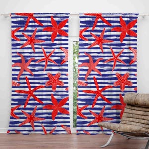 Oceanic Red Starfish Window Curtain, Starfish Curtains For Nautical Decor, Charming Curtain Panel Maritime Decor, Coastal Coral Print Drape
