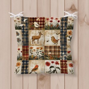 Getuft zitkussen met stropdassen, stoelkussen landelijke boerderij, rustiek patchwork dier bloemenkussen, keukenstoelkussen patio