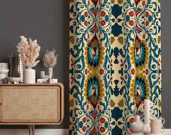 Ethnic Decor Curtain, Peacock Drawing Decorative Window Drapes, Living Room Panel, Blackout Option, Custom Size