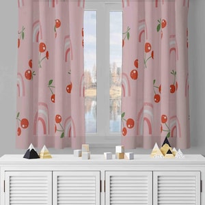 Cherry Curtains, Pink Drapes, Girls Room Curtain, Rainbow Nursery Window Treatments, Blackout Option, Custom Size, Eyelet Rod Pocket Option,