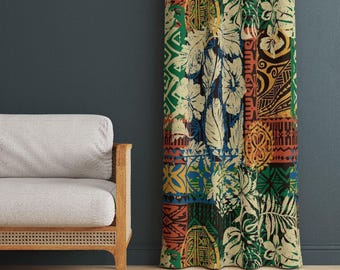 May include: A floor-length curtain featuring a vibrant patchwork design of tropical hibiscus flowers, palm leaves, and geometric tribal patterns in shades of green, orange, yellow, and dark blue, displayed in a vertical hanging orientation.