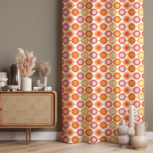 Retro Mod Circle Curtains – 70s Style Window Panels, Custom Size Drapes with Blackout Option, Orange Pink Geometric Pattern Drapery, Doorway
