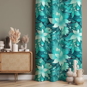Floral Design Teal Window Curtain, Turquoise Flower Themed Window Drape, Artistic Floral Pattern Curtain Panel, Blackout Option Home Curtain