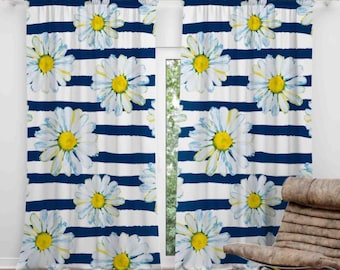 Rideau de fenêtre motif marguerite à rayures blanches et bleues, tentures florales style maison de plage, décoration de maison, décoration de maison