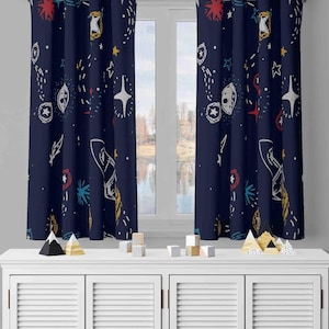 Nursery Curtains, Space Decor Drapes, Space Ship Kids Room Curtains, Planets Stars Design Window Treatment, Blackout Option, Custom Size