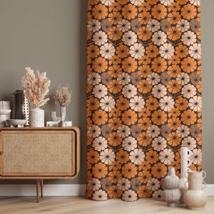 Retro Floral Curtain – Boho Style Flower Design Drape, Living Room Window Treatment, Blackout Option, Custom Size, Valance, Door Panel