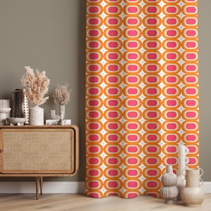 Retro Oval Pattern Curtains – Vibrant Pink & Orange Mid-Century Drapes, Custom Size, Blackout Option, Window Panel, Groovy 70s Style Curtain