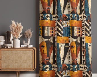 Ethnic Curtains, African Design Drape, Artistic Window Treatment, Blackout Option, Custom Size Fabric, Living Room Curtain, Doorway